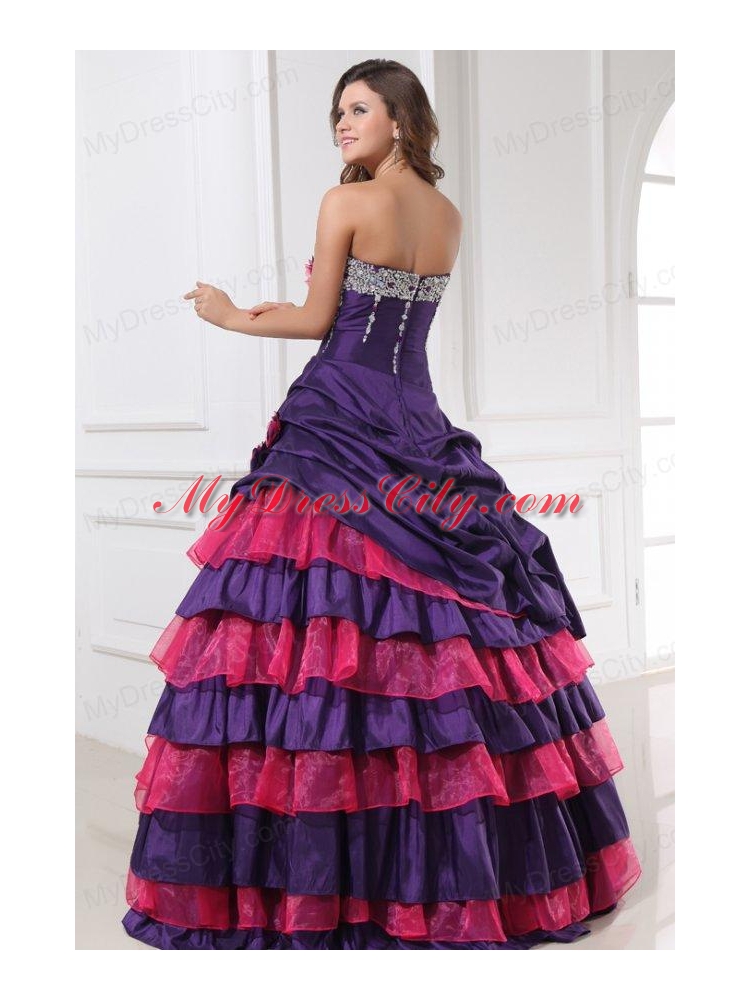 Sweetheart Beading and Flowers Quinceanera Dress in Red and Purple