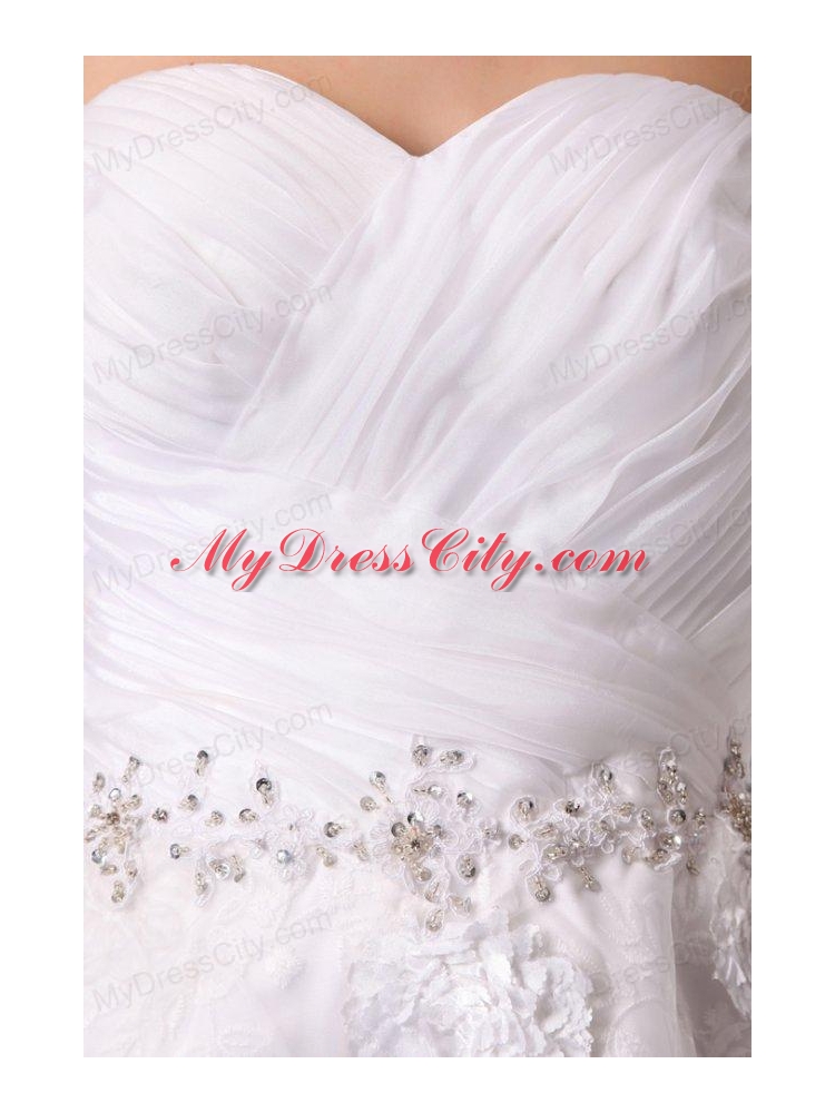 Sweetheart Hand Made Flowers and Beading Tea-length Wedding Dress