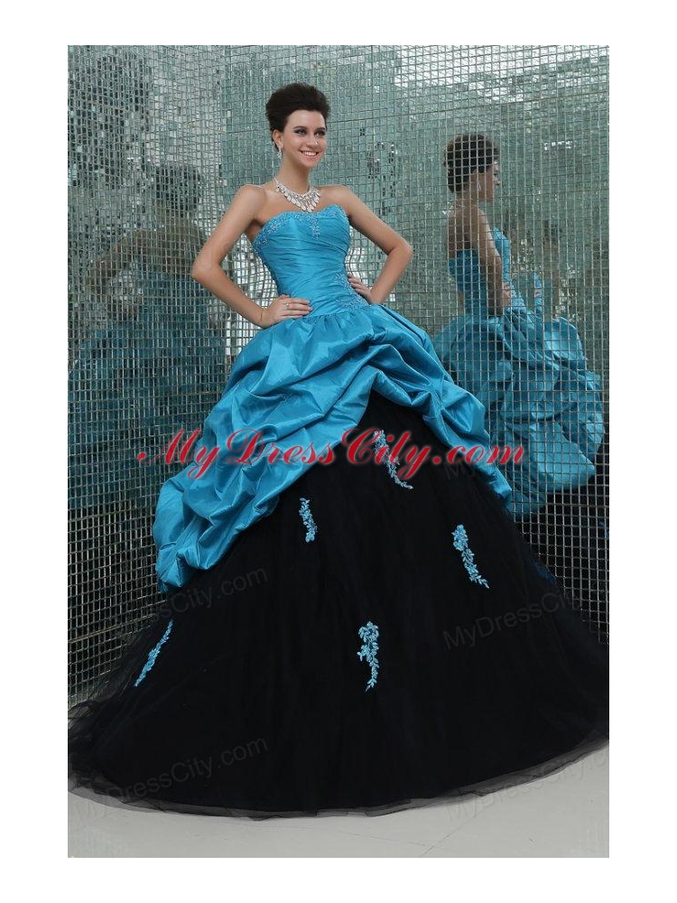 Teal and Black Sweetheart Appliques Full Length Quinceanera Dress