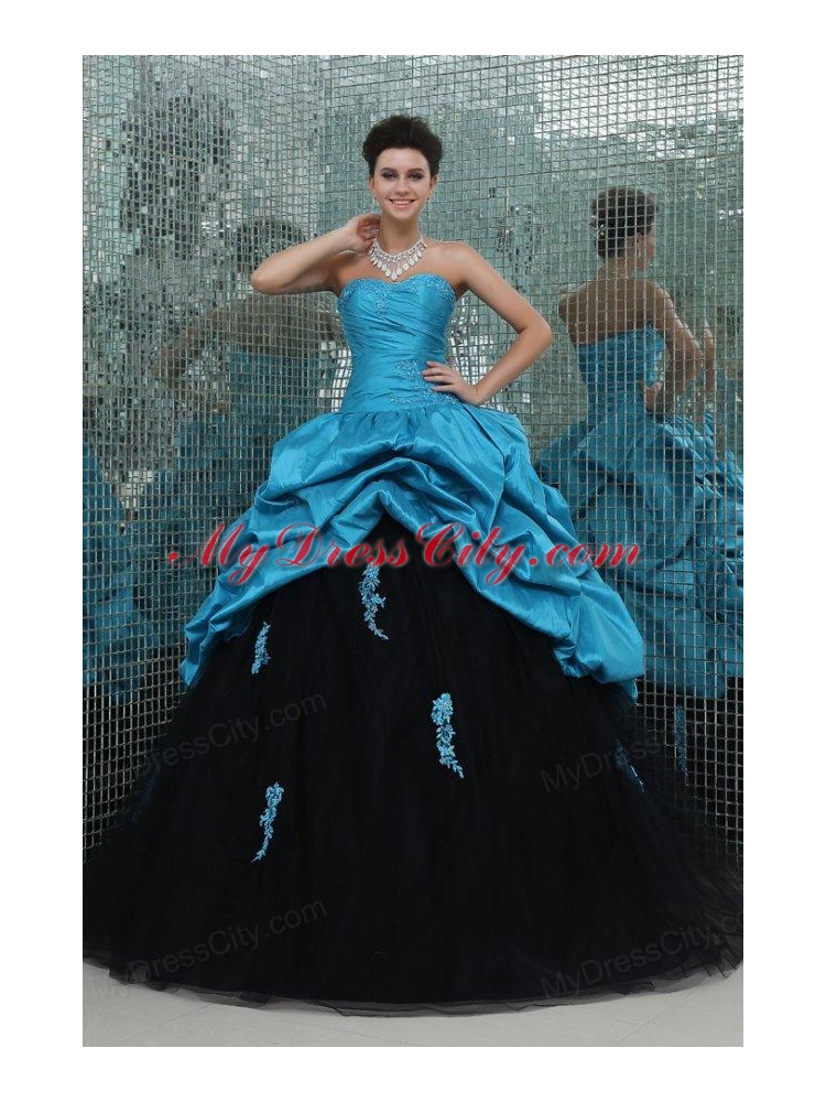 Teal and Black Sweetheart Appliques Full Length Quinceanera Dress