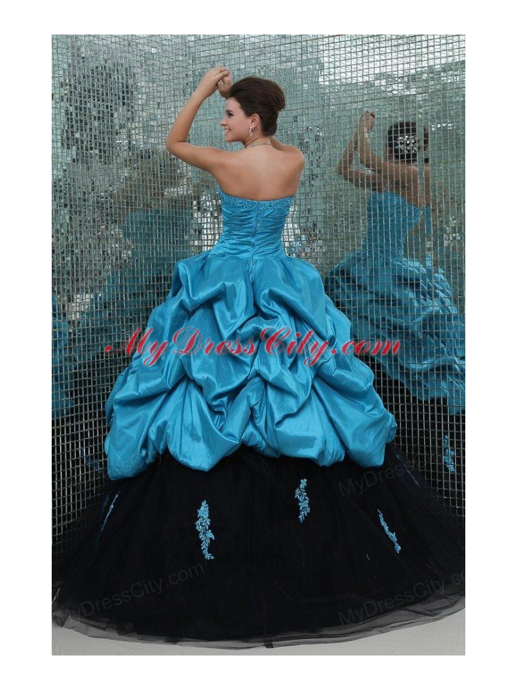 Teal and Black Sweetheart Appliques Full Length Quinceanera Dress