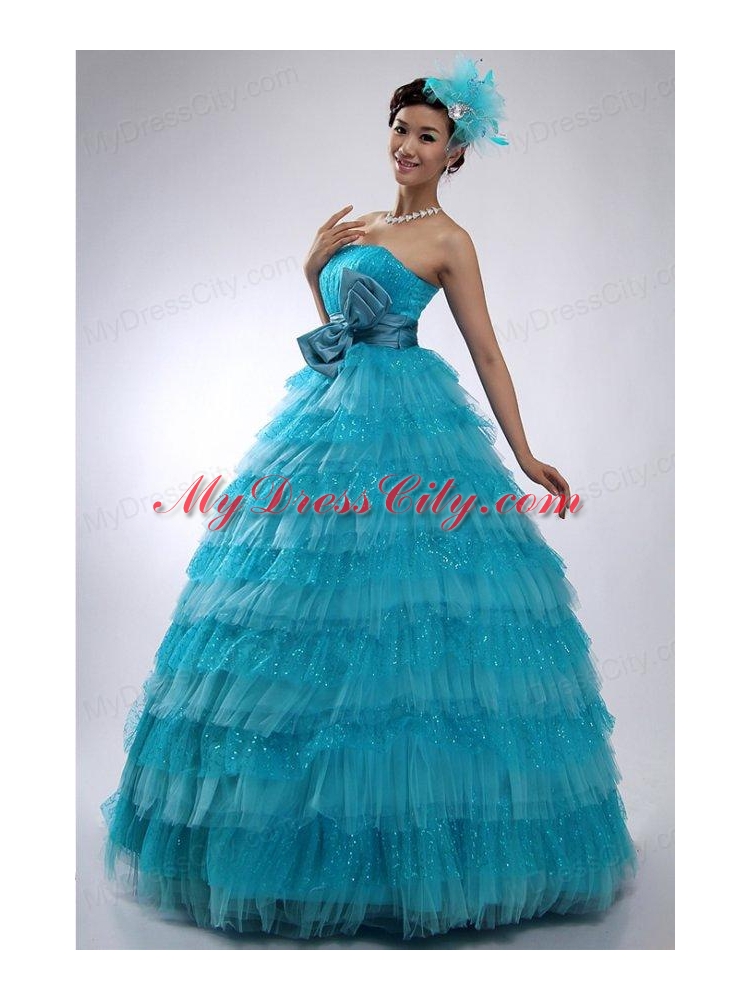 Teal Strapless Tulle and Sequins Long Quinceanera Dress with Bowknot