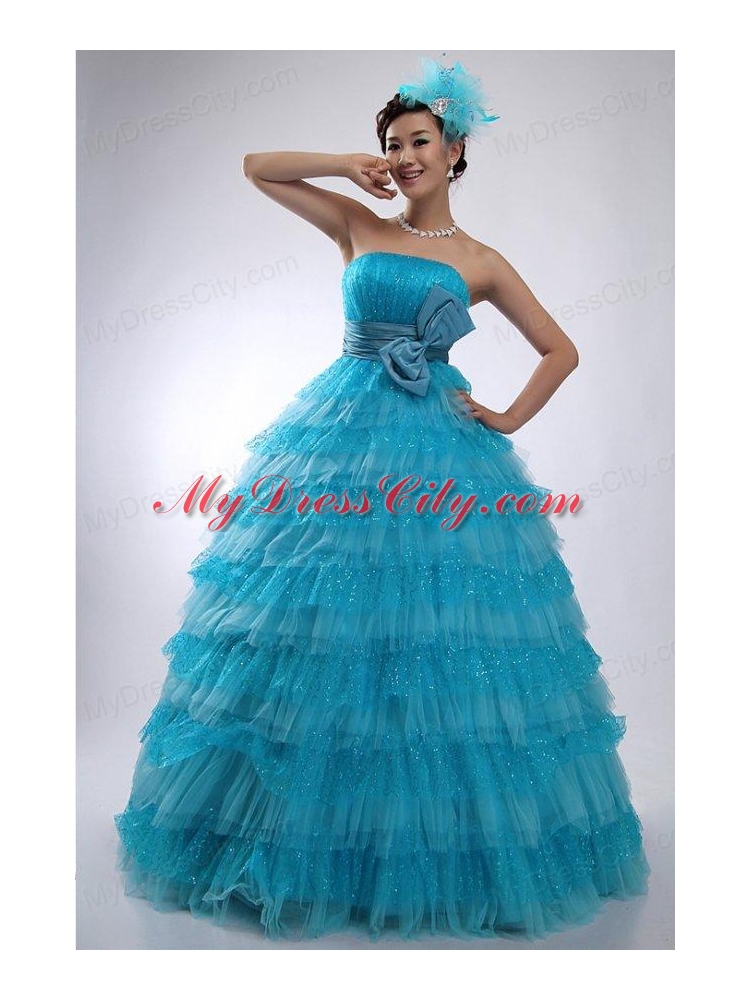 Teal Strapless Tulle and Sequins Long Quinceanera Dress with Bowknot