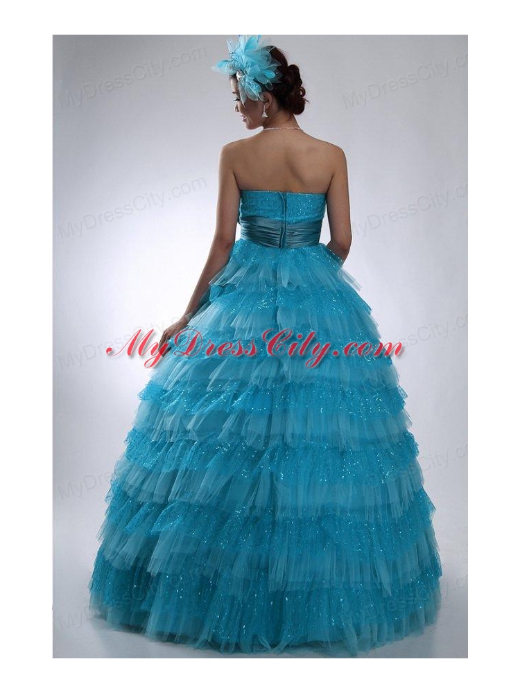 Teal Strapless Tulle and Sequins Long Quinceanera Dress with Bowknot