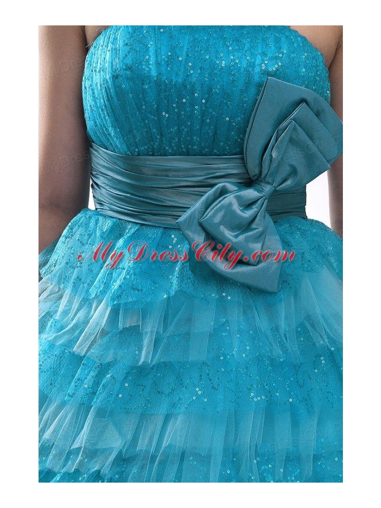 Teal Strapless Tulle and Sequins Long Quinceanera Dress with Bowknot