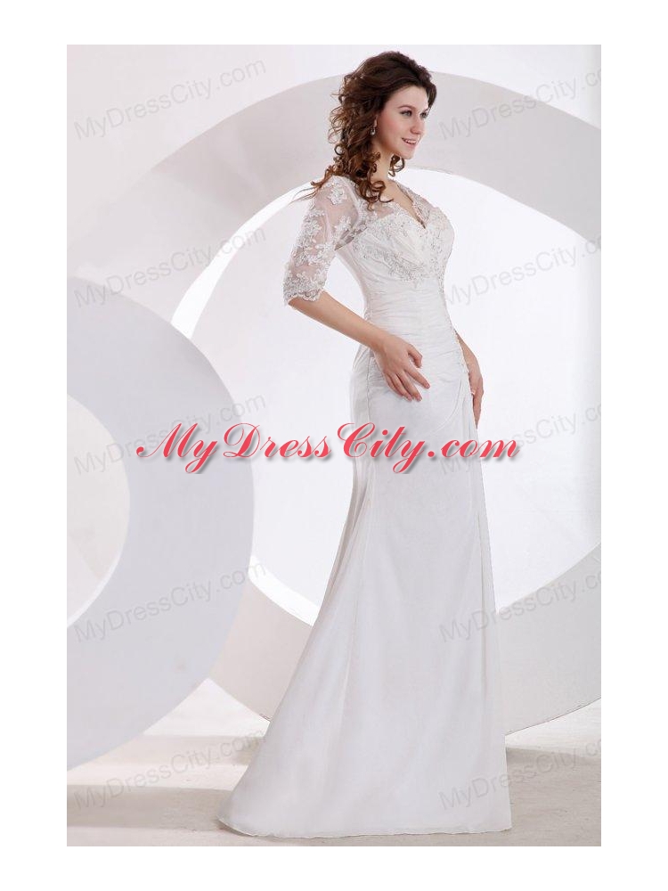 V-neck Column Appliques Long Wedding Dress with Half Sleeves