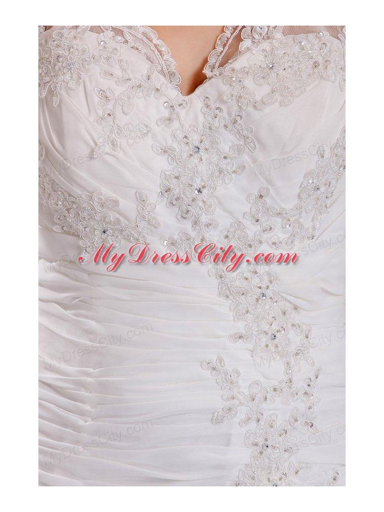 V-neck Column Appliques Long Wedding Dress with Half Sleeves