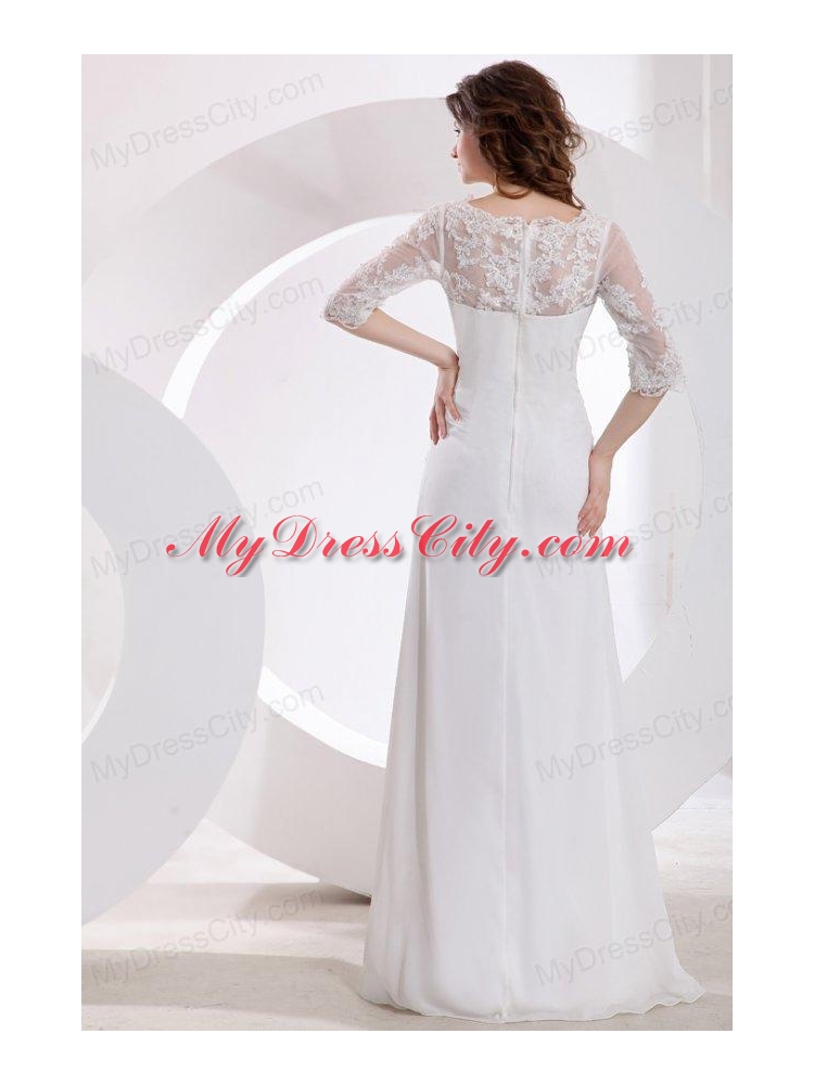 V-neck Column Appliques Long Wedding Dress with Half Sleeves