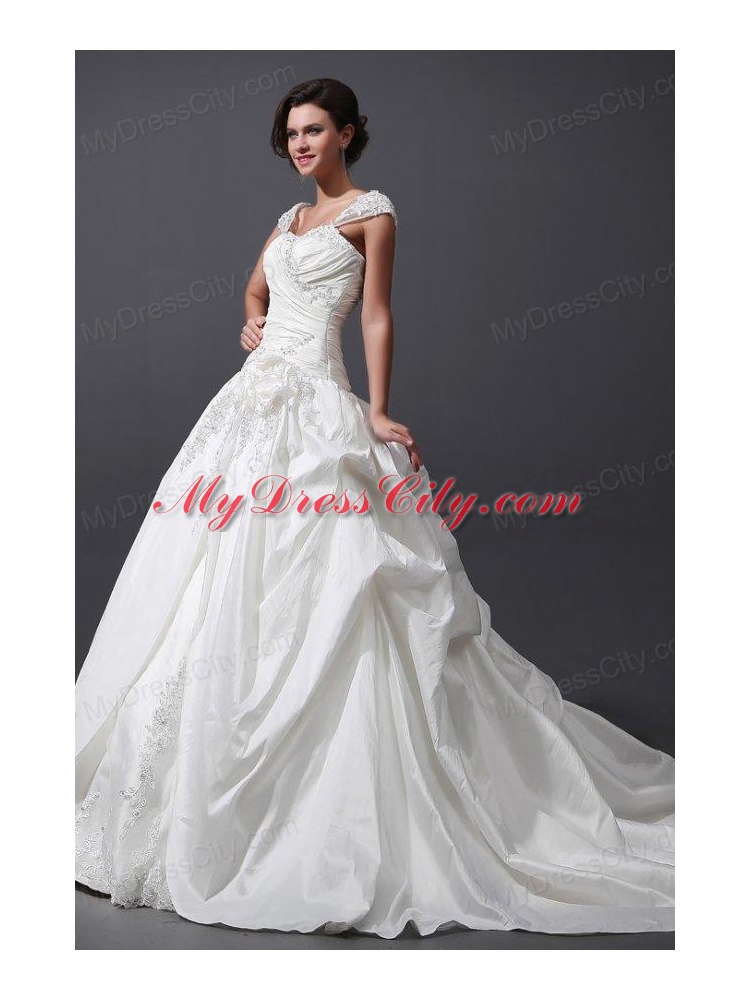 Wide Straps A-line Appliques and Flowers Taffeta Wedding Dress