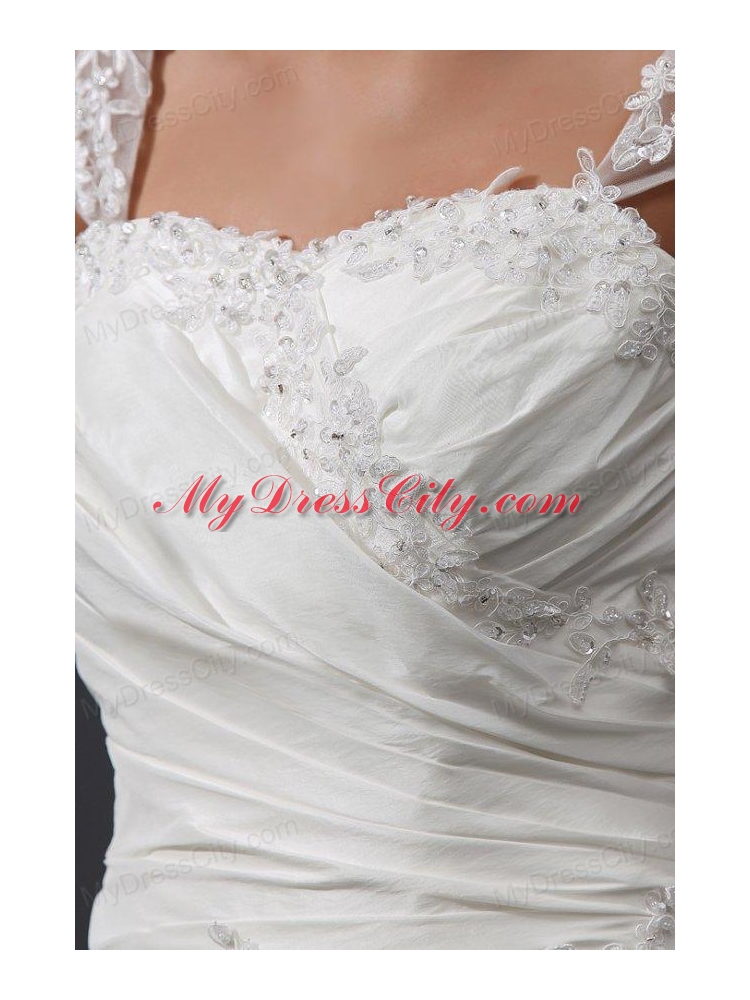 Wide Straps A-line Appliques and Flowers Taffeta Wedding Dress