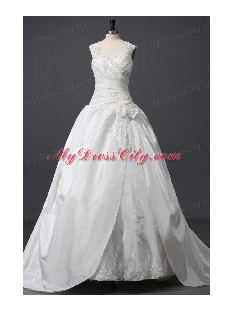 Wide Straps A-line Appliques and Flowers Taffeta Wedding Dress