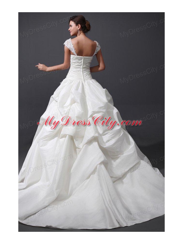 Wide Straps A-line Appliques and Flowers Taffeta Wedding Dress