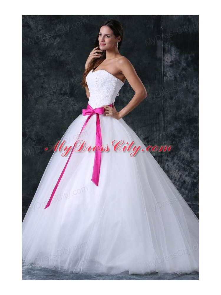 A-Line Beading and Sash Zipper Up Tulle Wedding Dress with Strapless