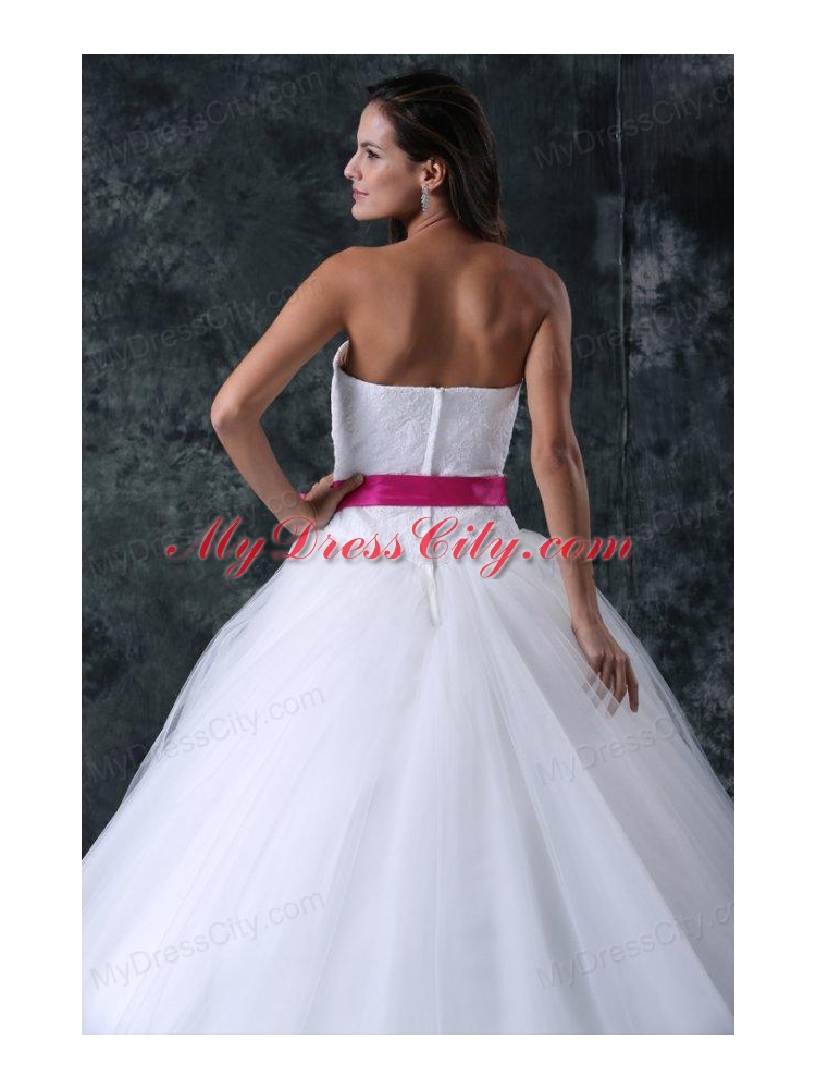 A-Line Beading and Sash Zipper Up Tulle Wedding Dress with Strapless