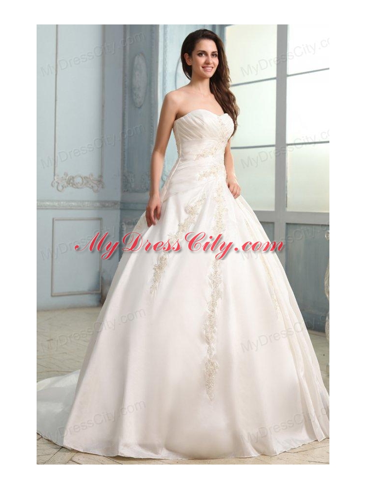 A-Line Court Train Appliques Wedding Dress with Sweetheart