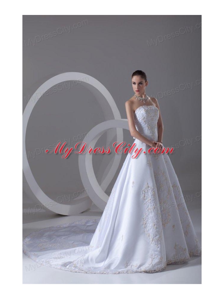 A-line Strapless Appliques Cathedral Train Satin Wedding Dress