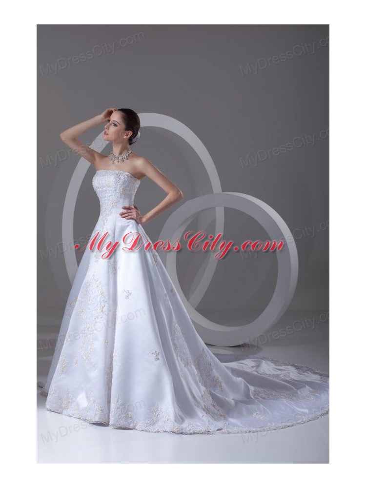 A-line Strapless Appliques Cathedral Train Satin Wedding Dress