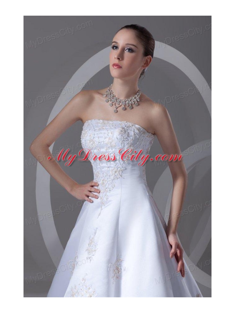 A-line Strapless Appliques Cathedral Train Satin Wedding Dress