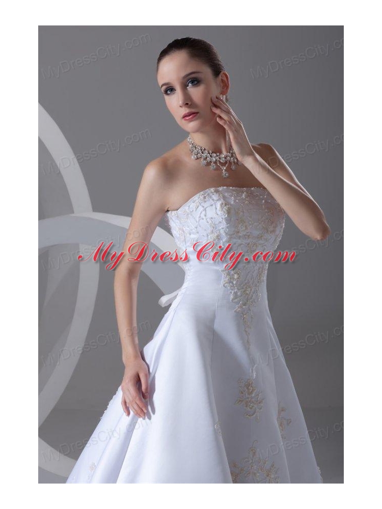 A-line Strapless Appliques Cathedral Train Satin Wedding Dress