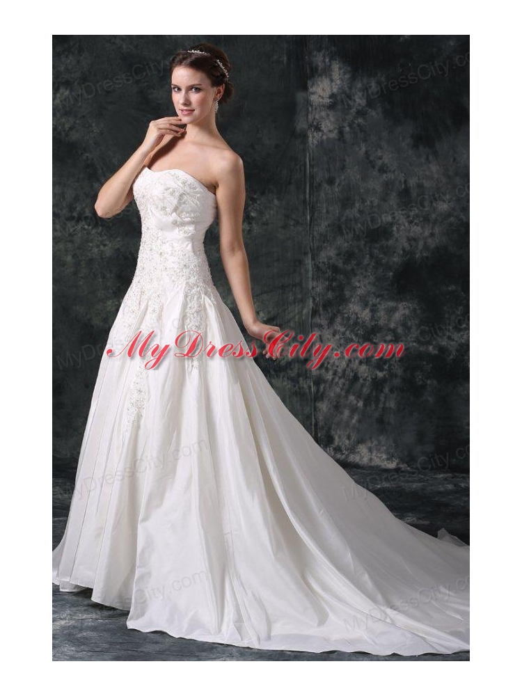 A-Line Strapless Beading Lace Up Taffeta Wedding Dress