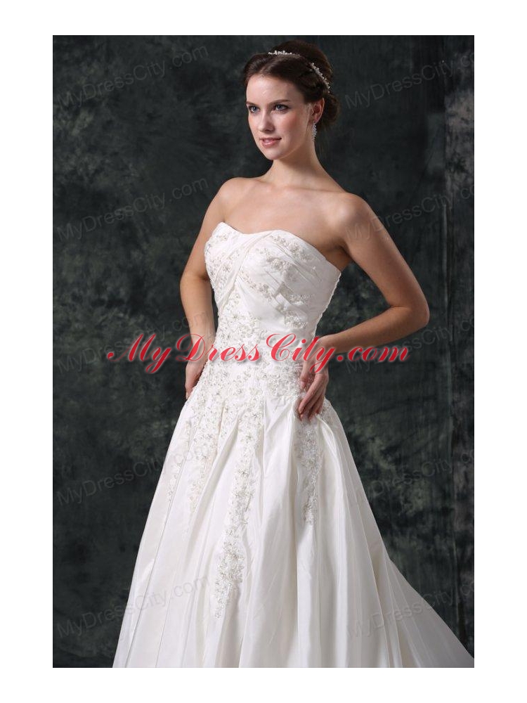 A-Line Strapless Beading Lace Up Taffeta Wedding Dress