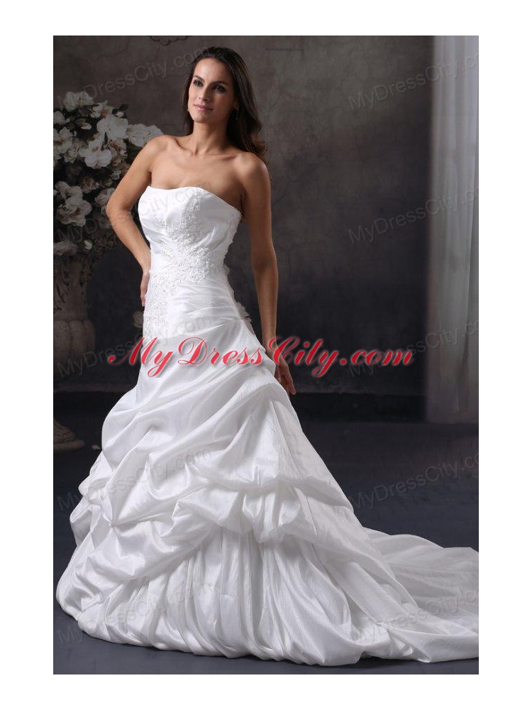 A-Line Strapless Court Train Appliques Taffeta Wedding Dress