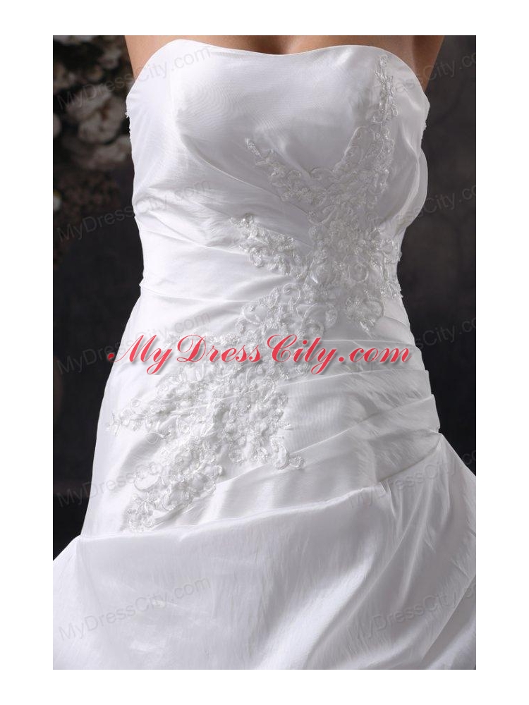 A-Line Strapless Court Train Appliques Taffeta Wedding Dress