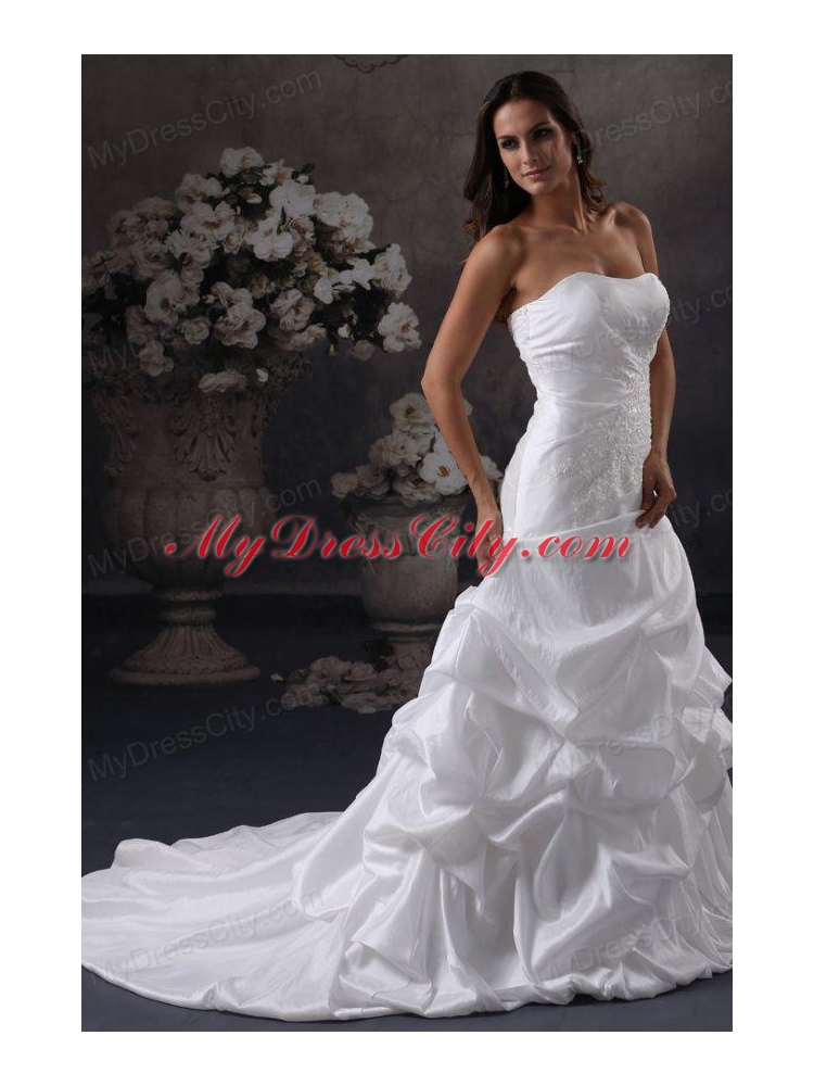 A-Line Strapless Court Train Appliques Taffeta Wedding Dress