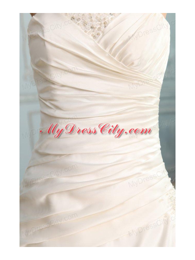 A-Line Strapless Floor-length Beading Lace Up Wedding Dress in Champagne