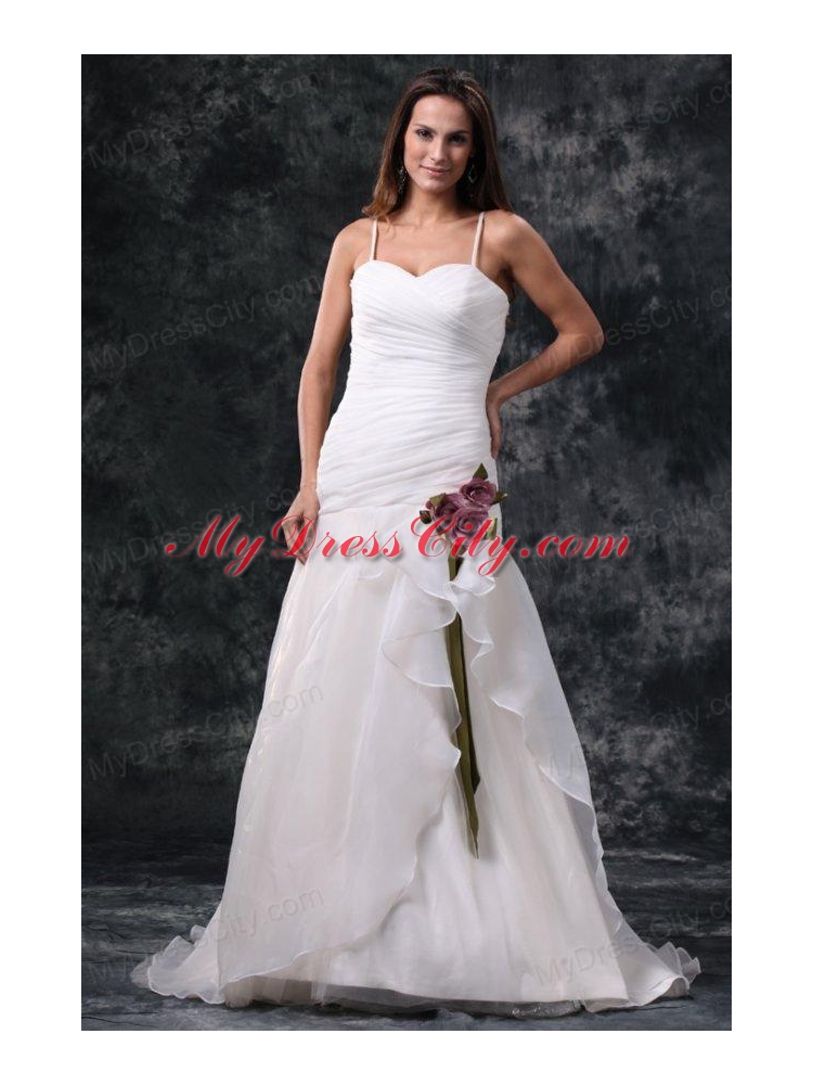 A-Line Straps Brush Train Ruching Organza Wedding Dress with Side Zipper