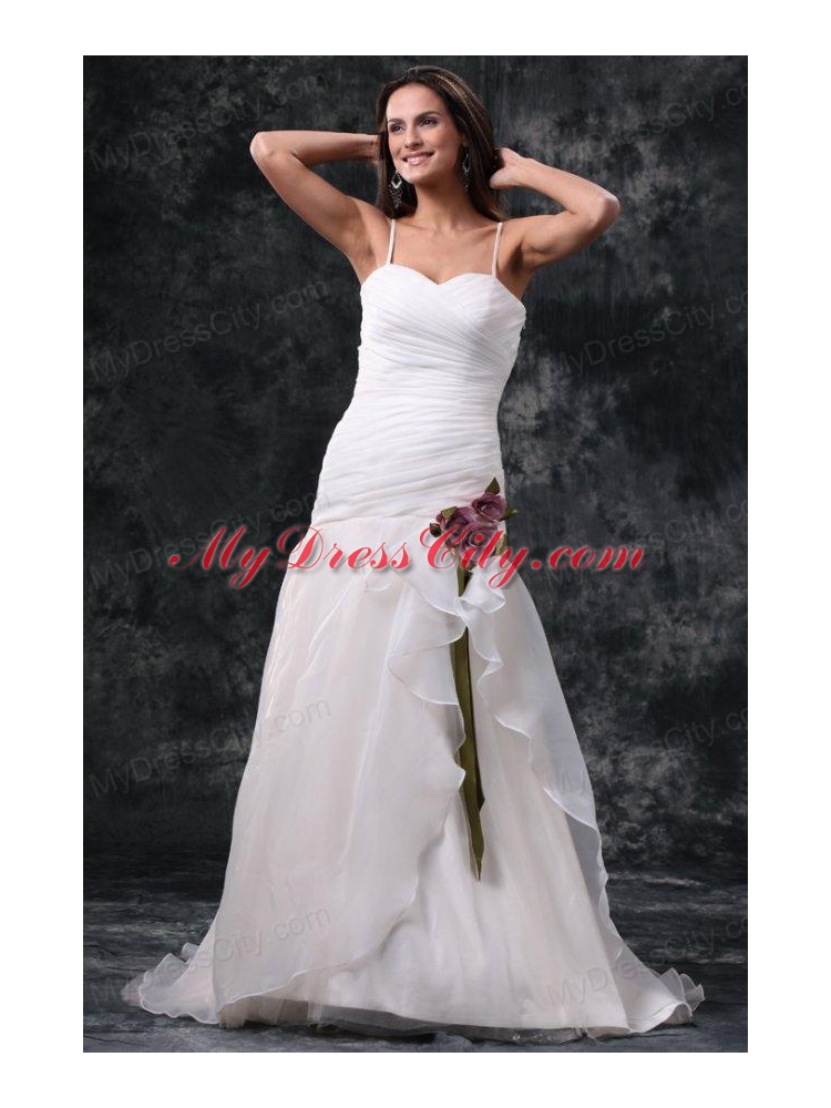 A-Line Straps Brush Train Ruching Organza Wedding Dress with Side Zipper