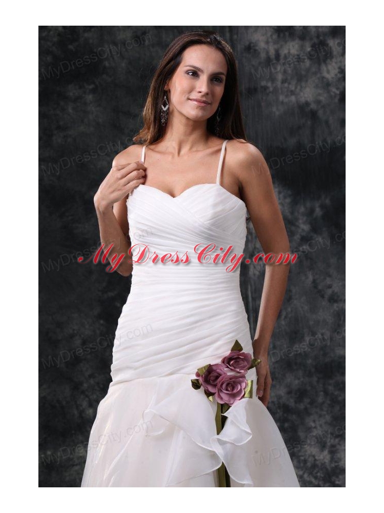 A-Line Straps Brush Train Ruching Organza Wedding Dress with Side Zipper