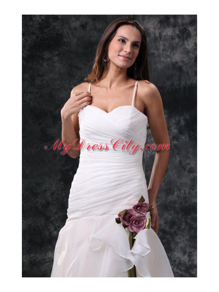 A-Line Straps Brush Train Ruching Organza Wedding Dress with Side Zipper