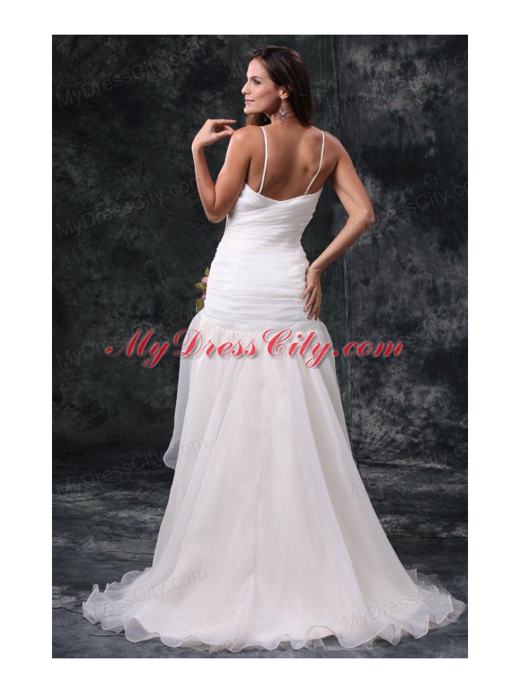 A-Line Straps Brush Train Ruching Organza Wedding Dress with Side Zipper