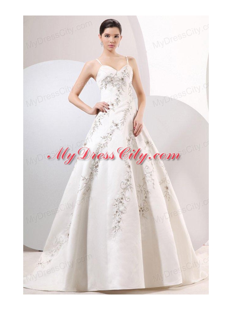 A-Line Straps Embroidery Satin Wedding Dress with Zipper-up