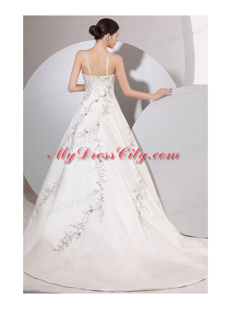 A-Line Straps Embroidery Satin Wedding Dress with Zipper-up