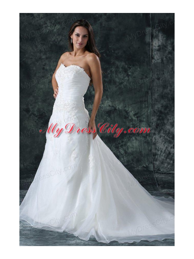 A-Line Sweetheart Beading Organza Wedding Dress with Court Train