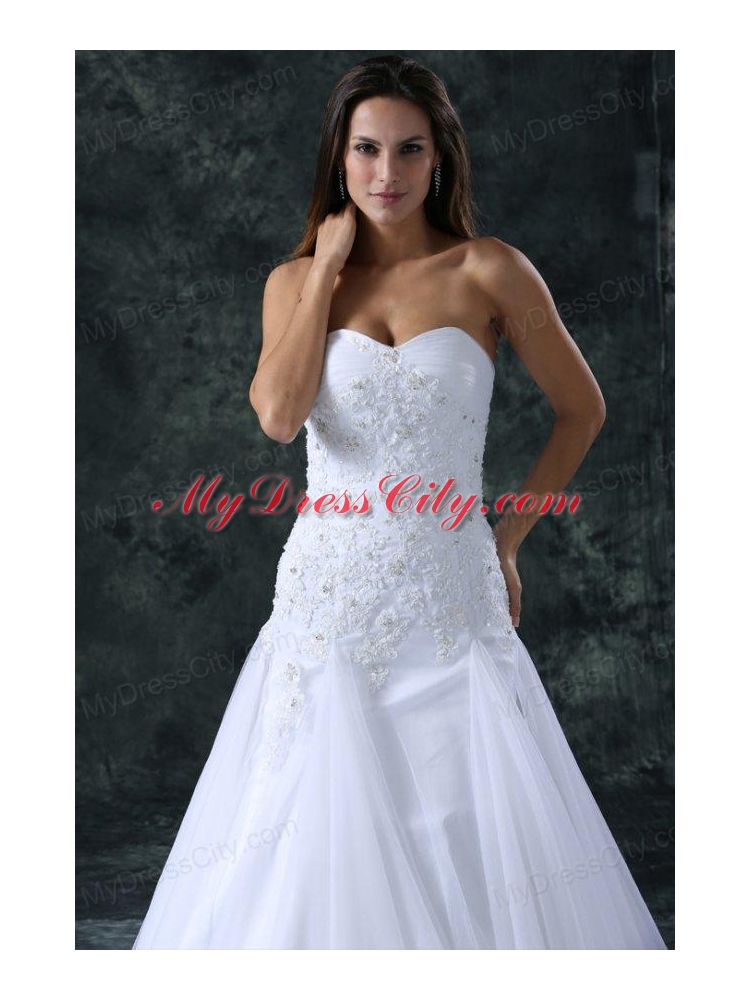 A-Line Sweetheart Beading Tulle Wedding Dress with Court Train