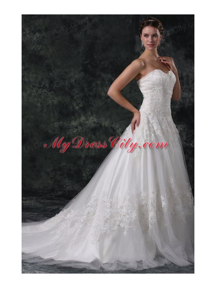 A-Line Sweetheart Court Train Appliques Lace Up Tulle Wedding Dress