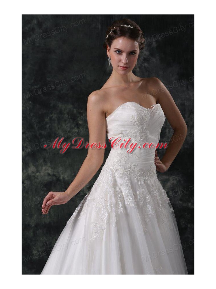 A-Line Sweetheart Court Train Appliques Lace Up Tulle Wedding Dress