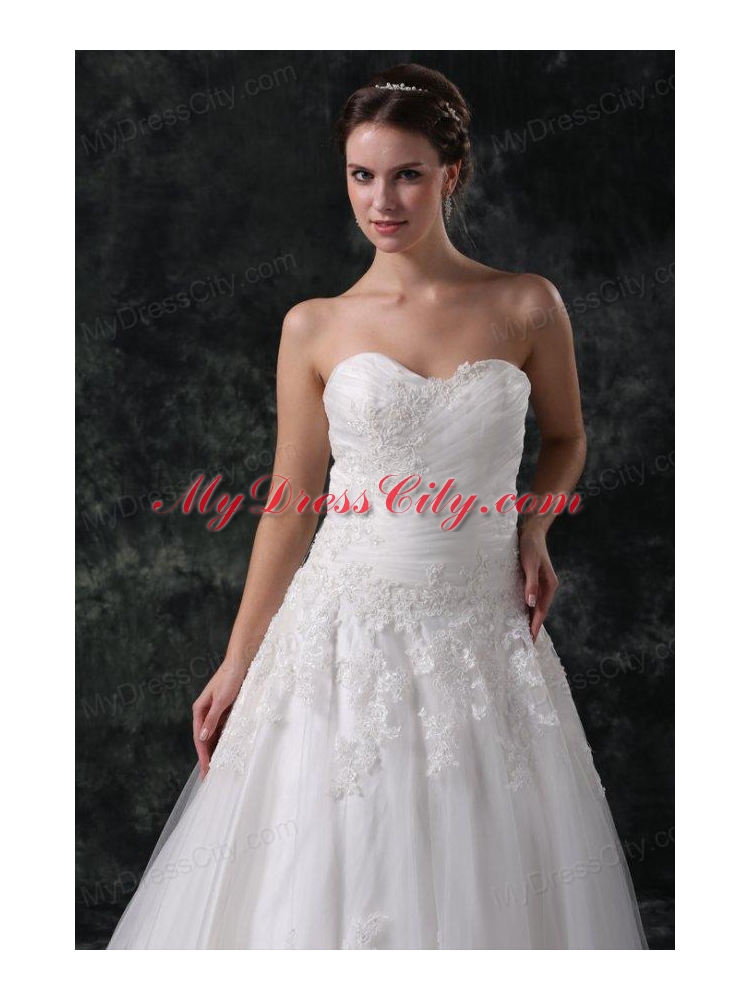 A-Line Sweetheart Court Train Appliques Lace Up Tulle Wedding Dress