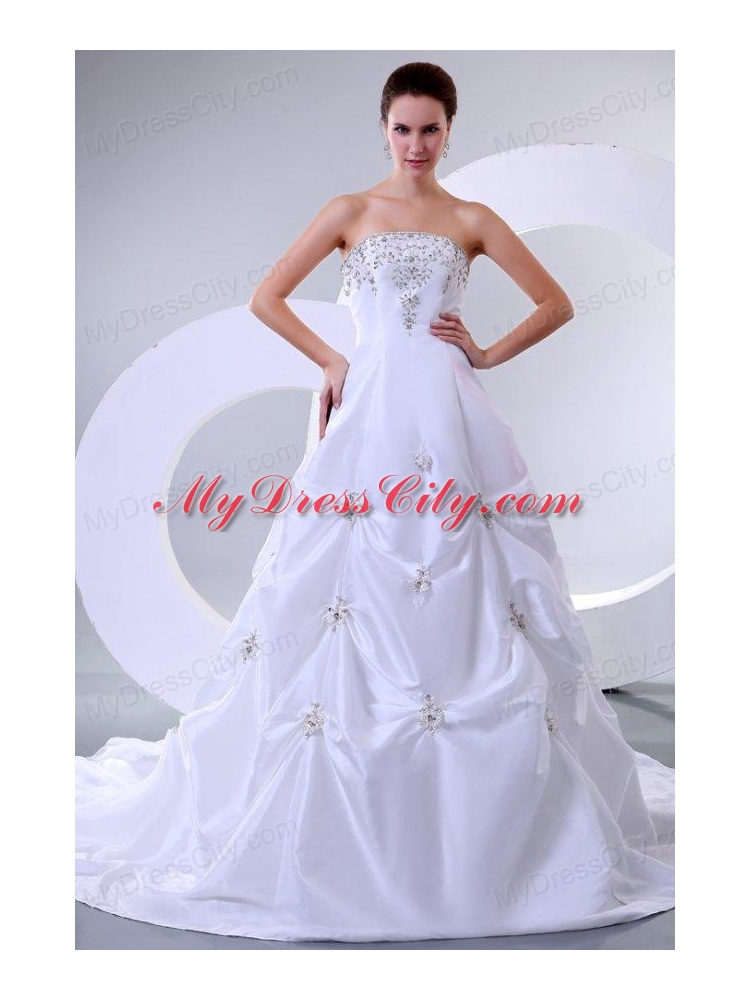 A-Line Sweetheart Court Train Beading Taffeta Wedding Dress with Lace Up