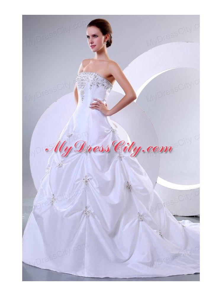 A-Line Sweetheart Court Train Beading Taffeta Wedding Dress with Lace Up