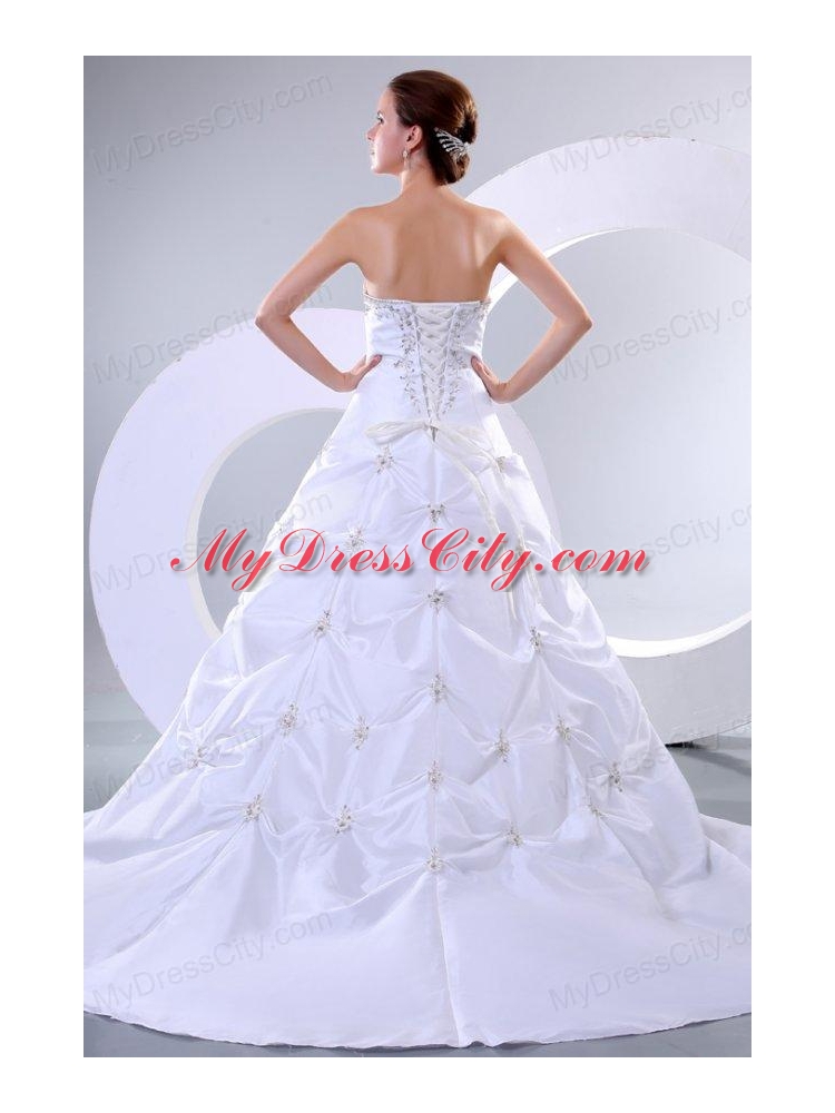 A-Line Sweetheart Court Train Beading Taffeta Wedding Dress with Lace Up