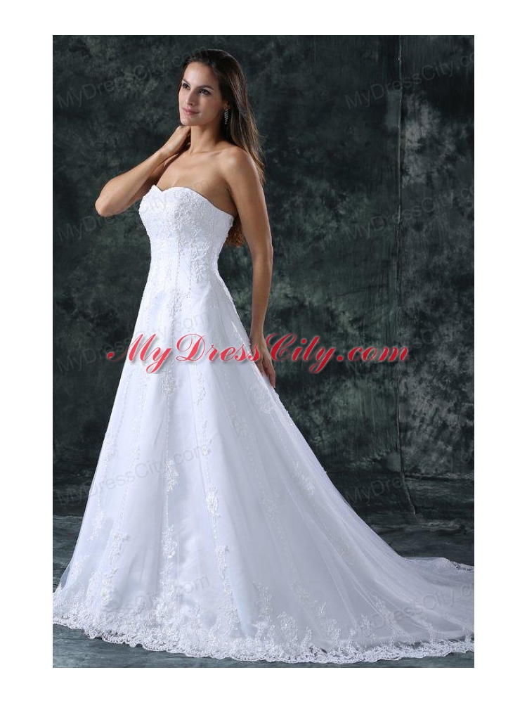 A-Line Sweetheart Court Train Lace and Appliques Organza Wedding Dress