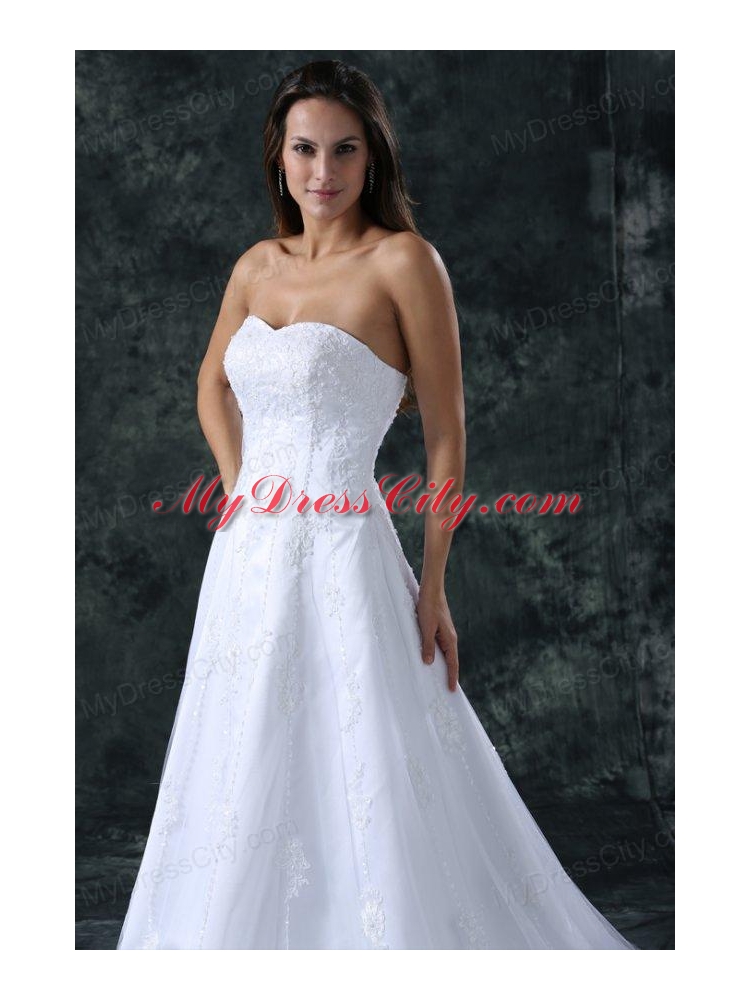 A-Line Sweetheart Court Train Lace and Appliques Organza Wedding Dress