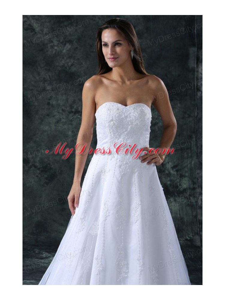 A-Line Sweetheart Court Train Lace and Appliques Organza Wedding Dress