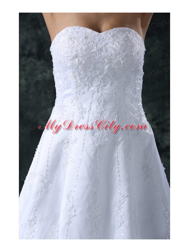 A-Line Sweetheart Court Train Lace and Appliques Organza Wedding Dress