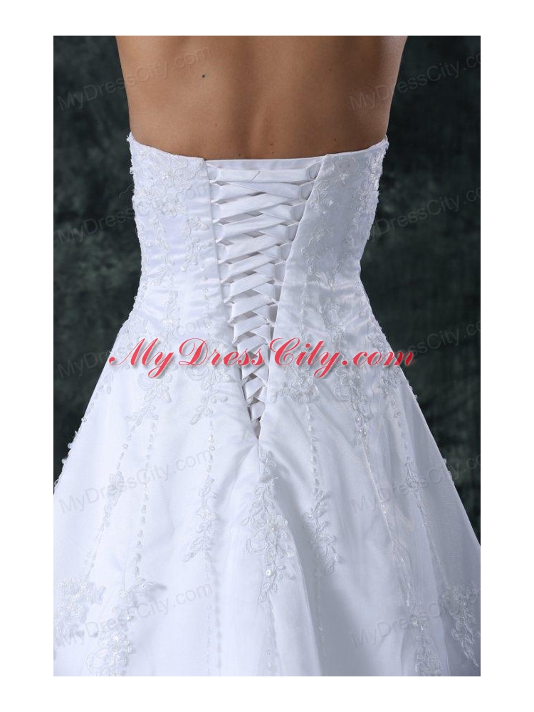 A-Line Sweetheart Court Train Lace and Appliques Organza Wedding Dress