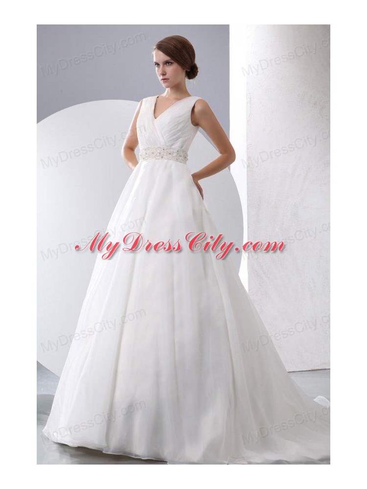 A-Line V-Neck Zipper Up Court Train Beading and Ruching Organza Wedding Dress